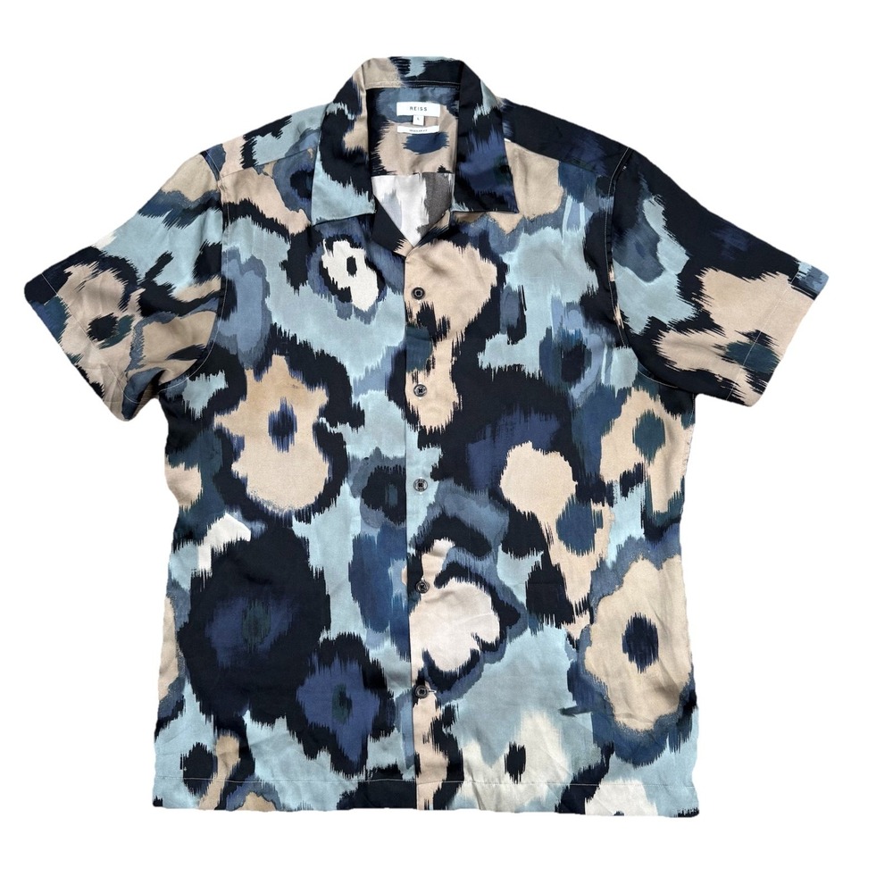 REISS Fangio Shirt Mens Large Floral Abstract‎ Ikat Print Blue Tan Cuban Collar